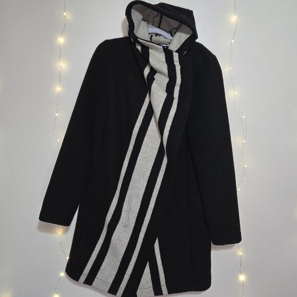 VINCE CAMUTO Wool Blend Striped Asymmetrical Hooded Long Coat Small Black Gray - Picture 4 of 16